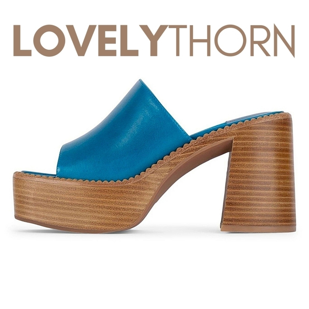 JEFFREY CAMPBELL // platform slide heel concert mule blue natural polish stack - Picture 1 of 6